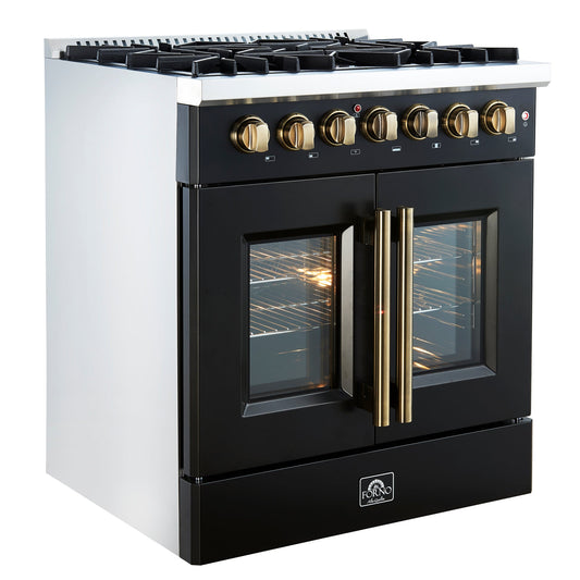 FORNO Galiano 30" 4.32 cu. ft. French Door Dual Fuel Range with 5 Sealed Burners in Black with Antique Brass Accents, FFSGS6356-30BLK