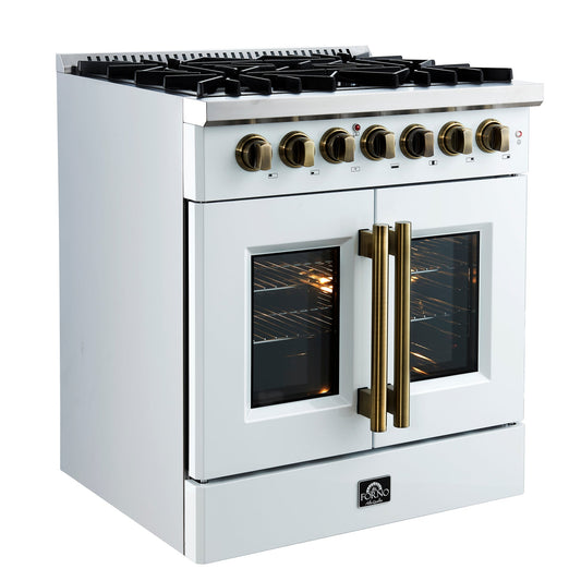 FORNO Galiano 30" 4.32 cu. ft. French Door Dual Fuel Range with 5 Sealed Burners in White with Antique Brass Accents, FFSGS6356-30WHT