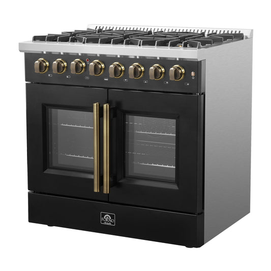 FORNO Galiano 36" 5.36 cu. ft. French Door Dual Fuel Range with 6 Sealed Burners in Black with Antique Brass Accents, FFSGS6356-36BLK