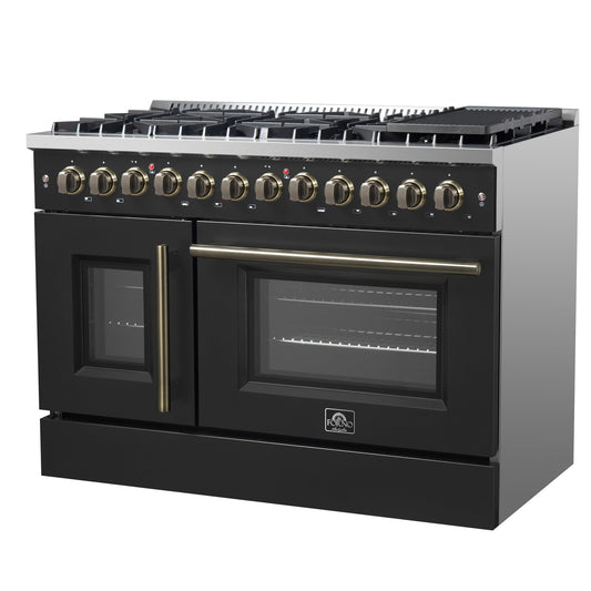 FORNO Galiano 48" 6.58 cu. ft. French Door Dual Fuel Range with 8 Sealed Burners and Griddle in Black with Antique Brass Accents, FFSGS6356-48BLK