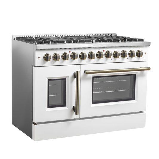 FORNO Galiano 48" 6.58 cu. ft. French Door Dual Fuel Range with 8 Sealed Burners and Griddle in White with Antique Brass Accents, FFSGS6356-48WHT