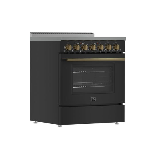 FORNO Espresso Paolo 30" 4.38 cu. ft. Freestanding Electric Range in Black with Antique Brass Handles, FFSEL6011-30BLK
