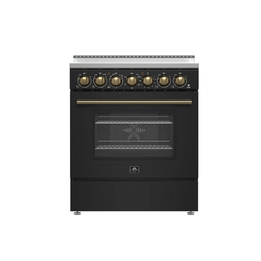 FORNO Espresso Paolo 30" 4.38 cu. ft. Freestanding Electric Range in Black with Antique Brass Handles, FFSEL6011-30BLK