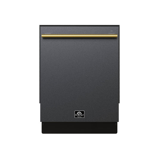 FORNO Espresso Romano 24" Built-In Tall Tub Dishwasher in Black with Antique Brass Handles, FDWBI8035-24BLK