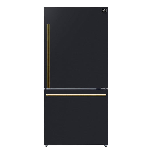 FORNO Espresso Milano 31" 17.2 cu. ft. Right Swing Refrigerator and Bottom Freezer in Black with Antique Brass Handles, FFFFD1785-31BLK