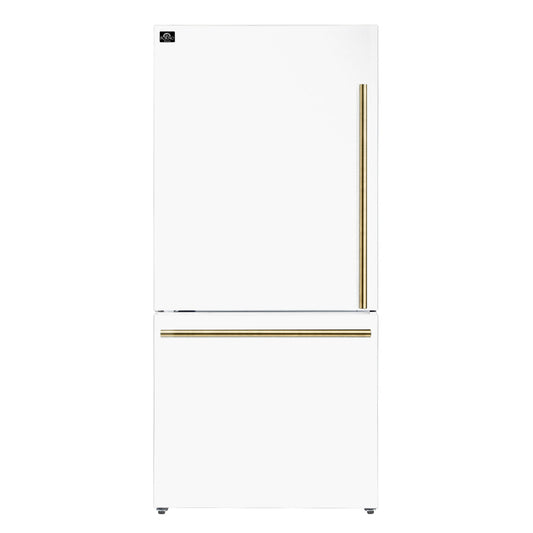 FORNO Espresso Milano 31" 17.2 cu. ft. Left Swing Refrigerator and Bottom Freezer with Ice Maker in White and Antique Brass Handles, FFFFD1786-31WHT