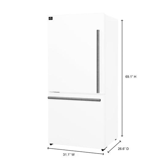 FORNO Espresso Milano 31" 17.2 cu. ft. Left Swing Refrigerator and Bottom Freezer with Ice Maker in White and Silver Handles, FFFFD1786-31WHT