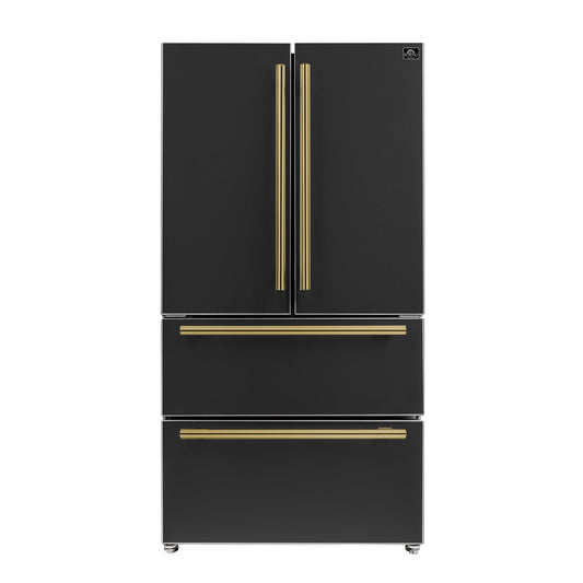 FORNO Espresso Moena 36" 19.2 cu. ft. Refrigerator with Ice Maker in Black with Antique Brass Handles, FFRBI1820-36BLK