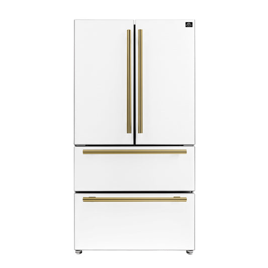 FORNO Espresso Moena 36" 19.2 cu. ft. Refrigerator with Ice Maker in White with Antique Brass Handles, FFRBI1820-36WHT