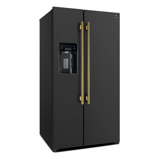 FORNO Espresso Salerno 36" 20 cu. ft. Side-By-Side Refrigerator with Water and Ice Dispenser in Black with Antique Brass Handles FFRBI1844-36BLK