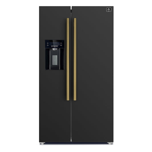 FORNO Espresso Salerno 36" 20 cu. ft. Side-By-Side Refrigerator with Water and Ice Dispenser in Black with Antique Brass Handles FFRBI1844-36BLK