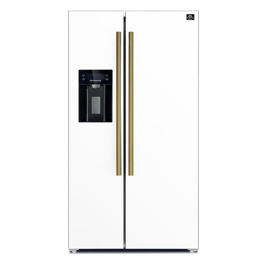 FORNO Espresso Salerno 36" 20 cu. ft. Side-By-Side Refrigerator with Water and Ice Dispenser in White with Antique Brass Handles FFRBI1844-36WHT