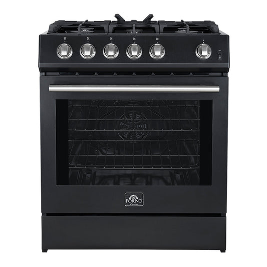 FORNO Espresso Leonardo 30" 5 cu. ft. Gas Range in Black with Silver Handles, FFSGS1116-30BLK