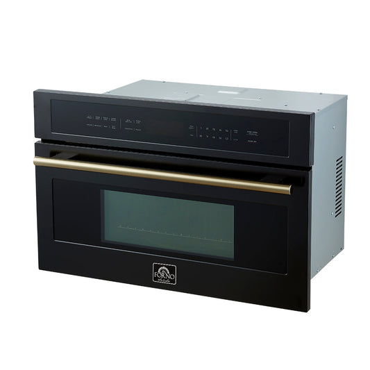 FORNO Espresso Oliena 30" 1.6 cu. ft. Built-In Microwave Oven in Black with Antique Brass Handles, FMWDR3093-30BLK