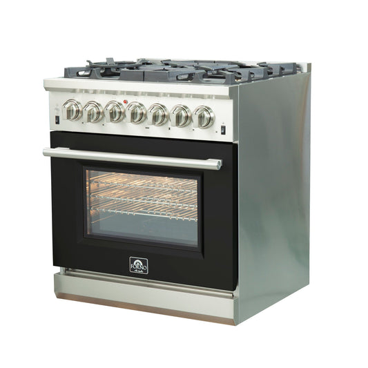 FORNO Capriasca 30" 4.32 cu. ft. Dual Fuel Range with 5 Italian Burners in Black, FFSGS6187-30BLK