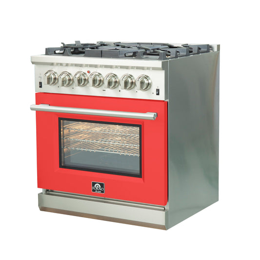 FORNO Capriasca 30" 4.32 cu. ft. Dual Fuel Range with 5 Italian Burners in Red, FFSGS6187-30RED