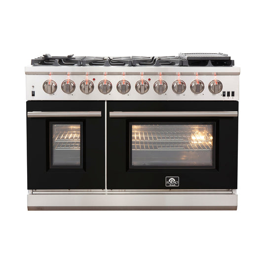 FORNO Capriasca 48″ 6.58 cu. ft. Gas Range with 8 Italian Burners in Black, FFSGS6260-48BLK