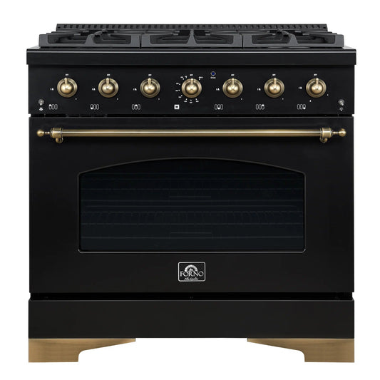 FORNO Espresso Antico 36" 4.5 cu. ft. Gas Range with 6 Sealed Burners in Black with Antique Brass Accents, FFSGS6219-36BLK