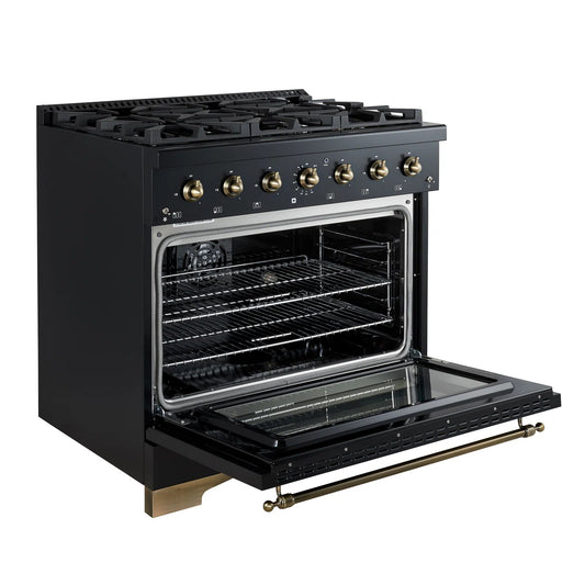 FORNO Espresso Antico 36" 4.5 cu. ft. Gas Range with 6 Sealed Burners in Black with Antique Brass Accents, FFSGS6219-36BLK