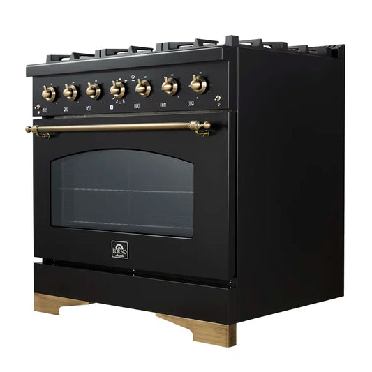 FORNO Espresso Antico 36" 4.5 cu. ft. Dual Fuel Range with 6 Sealed Burners in Black with Antique Brass Accents, FFSGS6113-36BLK