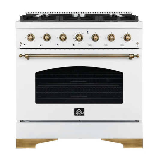 FORNO Espresso Antico 36" 4.5 cu. ft. Dual Fuel Range with 6 Sealed Burners in White with Antique Brass Accents, FFSGS6113-36WHT