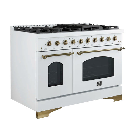 FORNO Espresso Antico 48" 5.5 cu. ft. Dual Fuel Range with 8 Sealed Burners and Griddle in White with Antique Brass Accents, FFSGS6113-48WHT