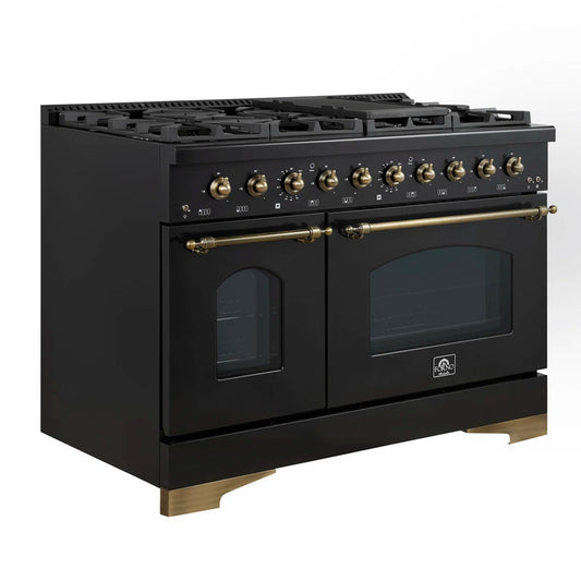 FORNO Espresso Antico 48" 5.5 cu. ft. Dual Fuel Range with 8 Sealed Burners and Griddle in Black with Antique Brass Accents, FFSGS6113-48BLK