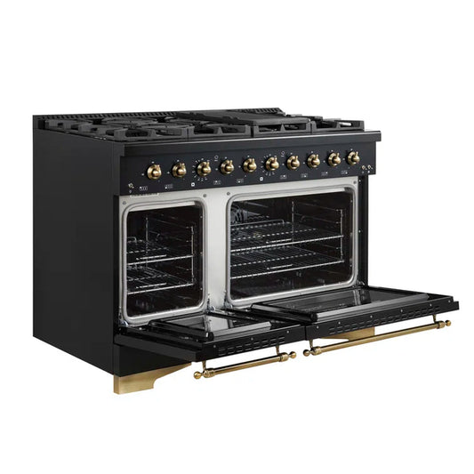 FORNO Espresso Antico 48" 5.5 cu. ft. Dual Fuel Range with 8 Sealed Burners and Griddle in Black with Antique Brass Accents, FFSGS6113-48BLK