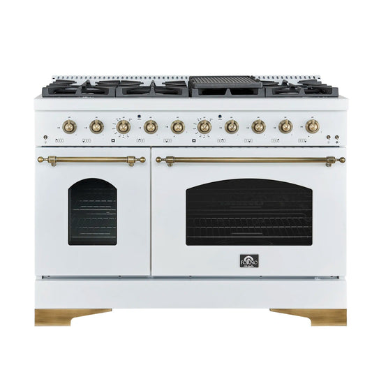 FORNO Espresso Antico 48" 5.5 cu. ft. Gas Range with 8 Sealed Burners and Griddle in White with Antique Brass Accents, FFSGS6219-48WHT