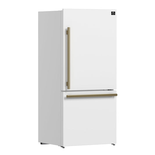 FORNO Espresso Milano 31" 17.2 cu. ft. Right Swing Refrigerator and Bottom Freezer in White with Antique Brass Handles, FFFFD1785-31WHT