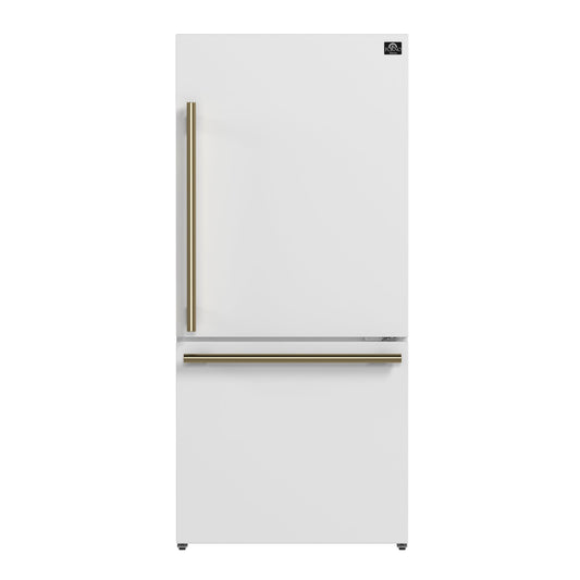 FORNO Espresso Milano 31" 17.2 cu. ft. Right Swing Refrigerator and Bottom Freezer in White with Antique Brass Handles, FFFFD1785-31WHT