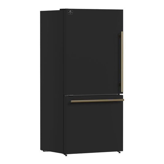 FORNO Espresso Milano 31" 17.2 cu. ft. Left Swing Refrigerator and Bottom Freezer with Ice Maker in Black and Antique Brass Handles, FFFFD1786-31BLK