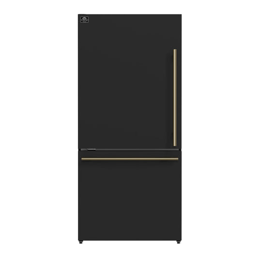 FORNO Espresso Milano 31" 17.2 cu. ft. Left Swing Refrigerator and Bottom Freezer with Ice Maker in Black and Antique Brass Handles, FFFFD1786-31BLK