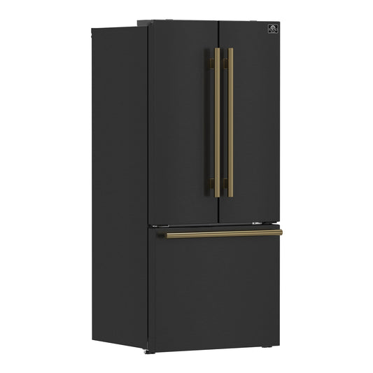 FORNO Espresso Gallipoli 30" 17.5 Cu. Ft. Refrigerator with Ice Maker in Black with Antique Brass Handles, FFFFD1974-31BLK