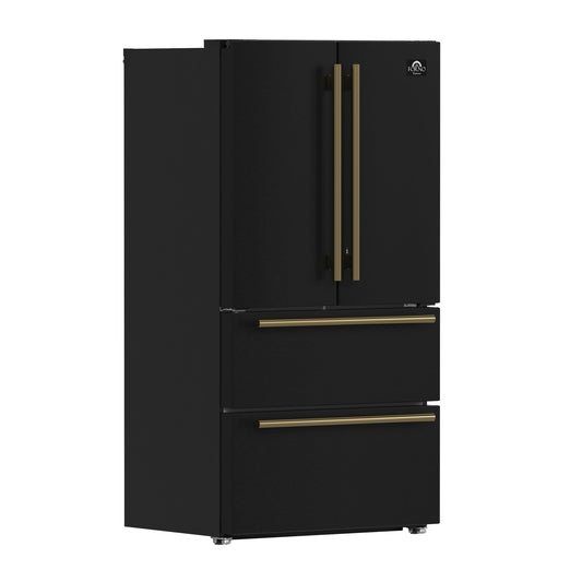 FORNO Espresso Moena 36" 19.2 cu. ft. Refrigerator with Ice Maker in Black with Antique Brass Handles, FFRBI1820-36BLK