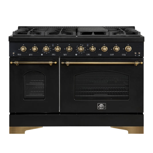 FORNO Espresso Antico 48" 5.5 cu. ft. Gas Range with 8 Sealed Burners and Griddle in Black with Antique Brass Accents, FFSGS6219-48BLK