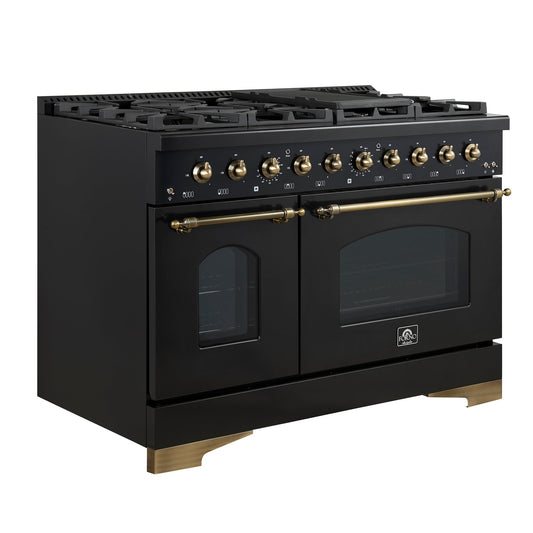 FORNO Espresso Antico 48" 5.5 cu. ft. Gas Range with 8 Sealed Burners and Griddle in Black with Antique Brass Accents, FFSGS6219-48BLK