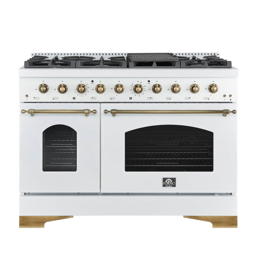 FORNO Espresso Antico 48" 5.5 cu. ft. Dual Fuel Range with 8 Sealed Burners and Griddle in White with Antique Brass Accents, FFSGS6113-48WHT