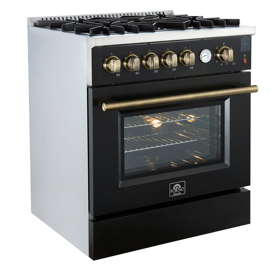 FORNO Giovanni 30" 4.32 cu. ft. Gas Range with 5 Burners, Air Fry Basket, Wok Support and Griddle in Black with Antique Brass Accents, FFSGS6274-30BLK