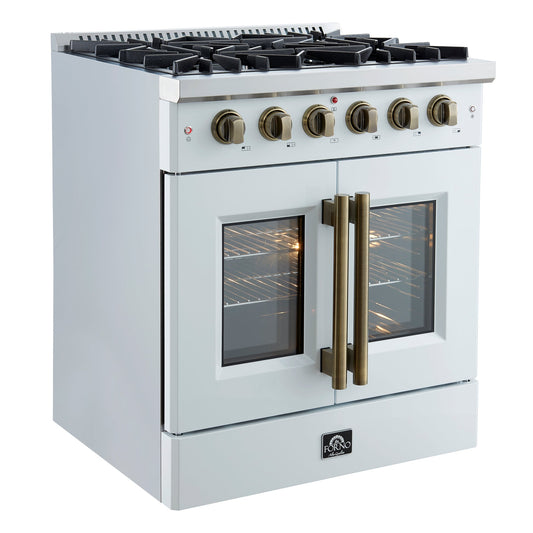 FORNO Galiano 30" 4.32 cu. ft. French Door Gas Range with 5 Sealed Burners in White with Antique Brass Accents, FFSGS6444-30WHT