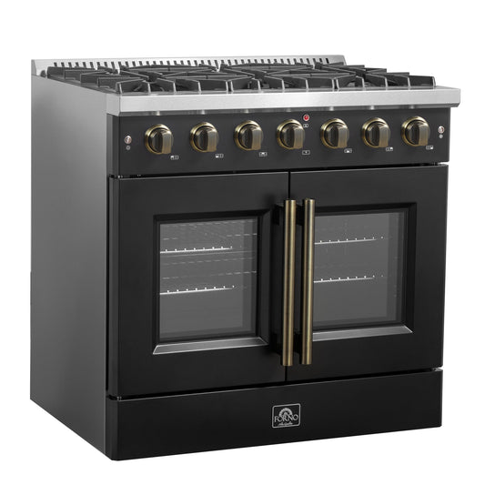 FORNO Galiano 36" 5.36 cu. ft. French Door Gas Range with 6 Sealed Burners in Black with Antique Brass Accents, FFSGS6444-36BLK