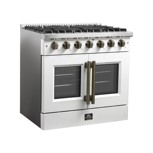 FORNO Galiano 36" 5.36 cu. ft. French Door Gas Range with 6 Sealed Burners in White with Antique Brass Accents, FFSGS6444-36WHT