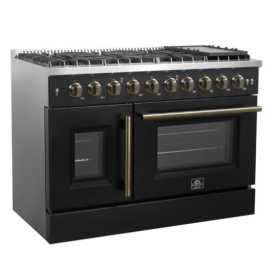 FORNO Galiano 48" 6.58 cu. ft. French Door Gas Range with 8 Sealed Burners and Griddle in Black with Antique Brass Accents, FFSGS6444-48BLK