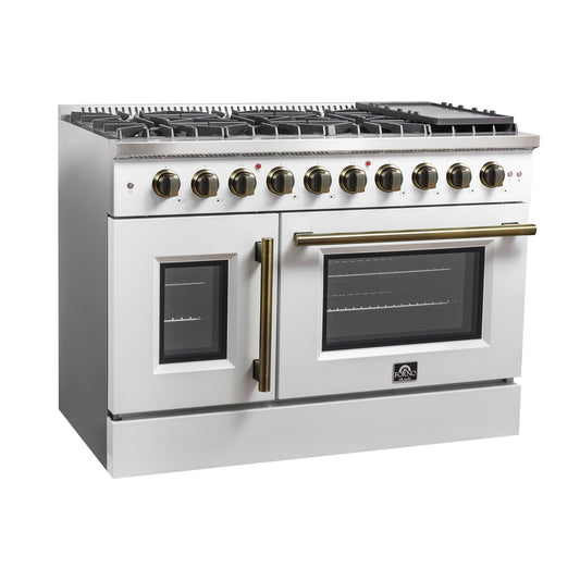 FORNO Galiano 48" 6.58 cu. ft. French Door Gas Range with 8 Sealed Burners and Griddle in White with Antique Brass Accents, FFSGS6444-48WHT