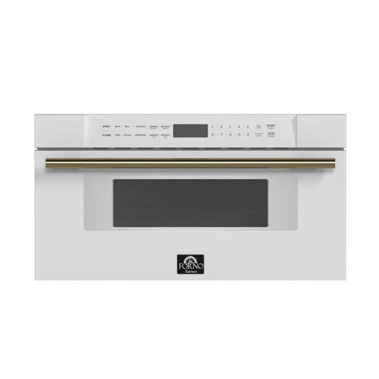 FORNO Espresso Capoliveri 30" 1.2 cu. ft. Built-In Microwave Drawer in White with Antique Brass Handles, FMWDR3000-30WHT