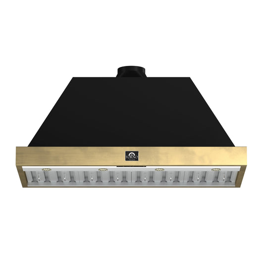 FORNO Espresso Vittorio 48" 600 CFM Wall Mount Range Hood in Black and Antique Brass Trim with Remote Control, FRHWM5078-48BLK