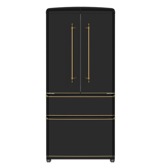 FORNO Espresso Luigi 33" 18 cu. ft. French Door Refrigerator in Black with Antique Brass Handles, FFFFD1791-33BLK