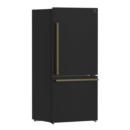 FORNO Espresso Milano 31" 17.2 cu. ft. Right Swing Refrigerator and Bottom Freezer in Black with Antique Brass Handles, FFFFD1785-31BLK