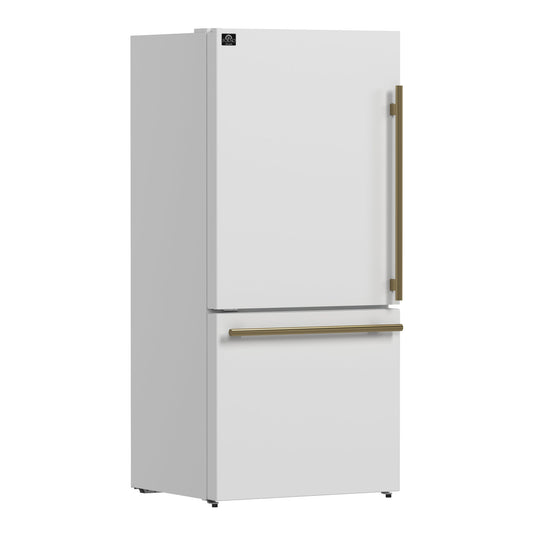 FORNO Espresso Milano 31" 17.2 cu. ft. Left Swing Refrigerator and Bottom Freezer with Ice Maker in White and Antique Brass Handles, FFFFD1786-31WHT