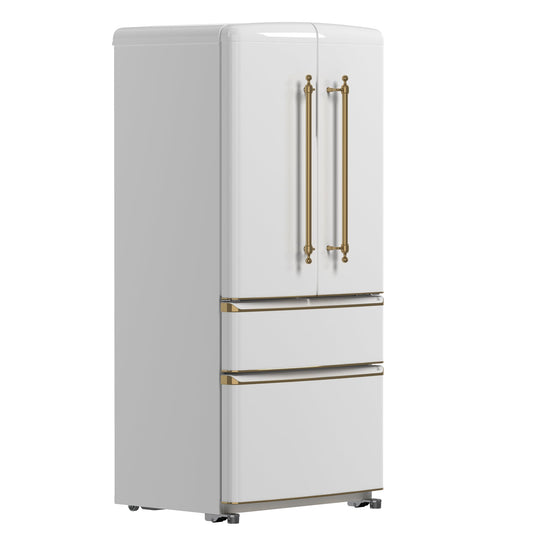 FORNO Espresso Luigi 33" 18 cu. ft. French Door Refrigerator in White with Antique Brass Handles, FFFFD1791-33WHT